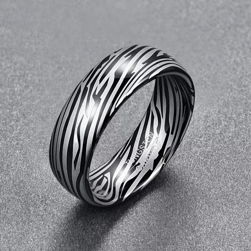 Dome Damascus Striped Design Tungsten Ring