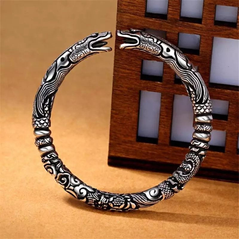 Double Chinese Dragon Head Thai Silver Cuff Bangle Bracelet