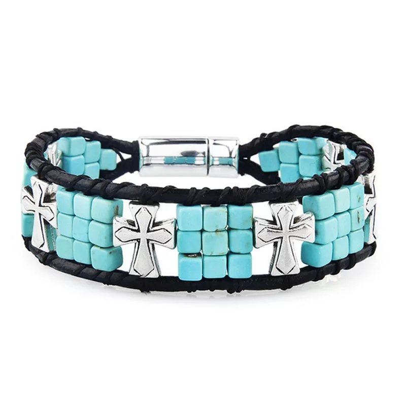 Cube Square Turquoise Beads Leather Cross Bracelet