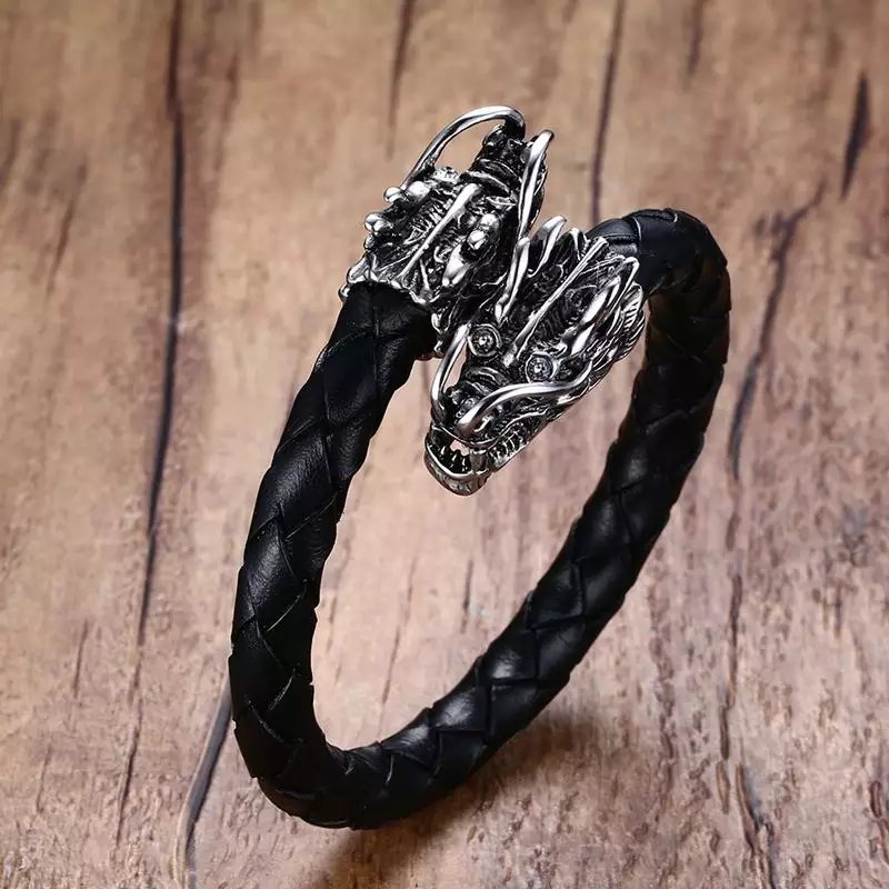 Stainless Steel Dragons Head Leather Open Cuff Bracelet