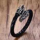 Stainless Steel Dragons Head Leather Open Cuff Bracelet