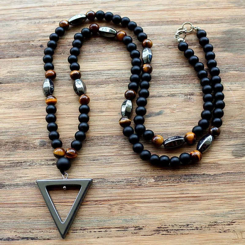 6mm Tiger Stone Bead Black Men's Hematite Triangle Pendants Necklace