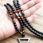 6mm Tiger Stone Bead Black Men's Hematite Triangle Pendants Necklace
