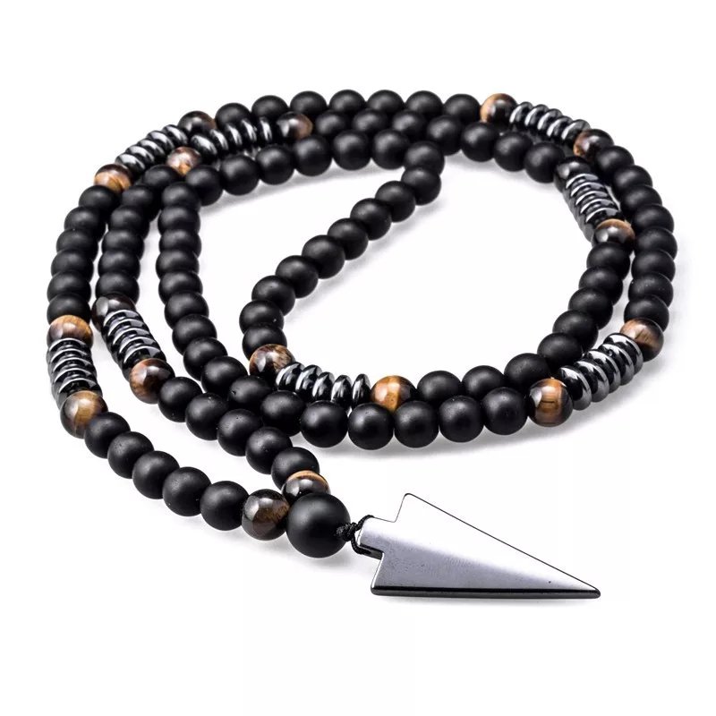 Long Necklac 8mm Tiger Stone Bead Black Men's Hematite Triangle Pendant Necklace
