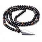 Long Necklac 8mm Tiger Stone Bead Black Men's Hematite Triangle Pendant Necklace