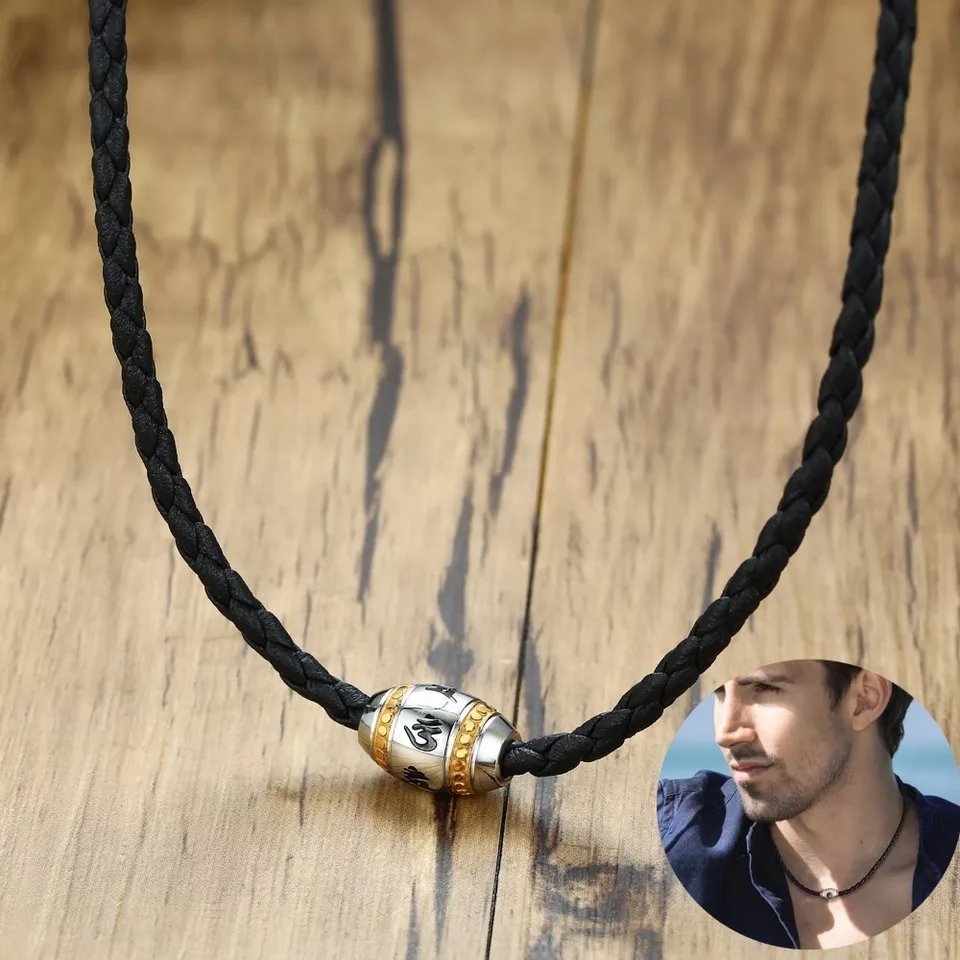 Black Braided Leather with Stainless Steel Beaded Choker Necklace