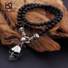 African Glass Beads 47cm Long Chain Men Punk Stainless Steel Skull Head Pendant Necklaces