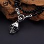 African Glass Beads 47cm Long Chain Men Punk Stainless Steel Skull Head Pendant Necklaces
