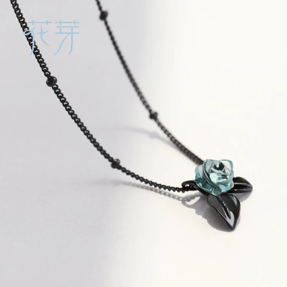 Genuine S925 Silver Blue Rose Flower Crystal Pendant Necklace