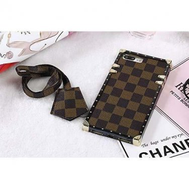 For iPhone7/8Plus Case New Elegant Luxury PU Leather Classic Trunk Brown Checker