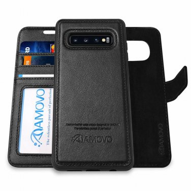 For Samsung Galaxy S10 Plus Case Wallet Wrist Strap Genuine Leather Black