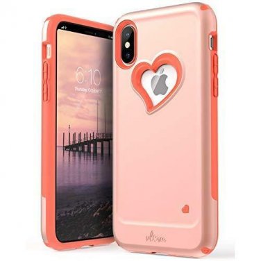 For iPhone Xs/X Case Heart Shape Dual Layer Protection Hybrid Bumper Coral Pink
