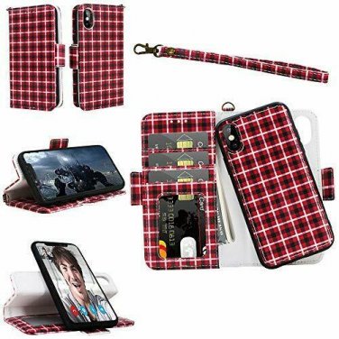 For iPhone X/Xs Case Wallet Wrist Strap Card Slot Flip Folio Leather Lattice 2