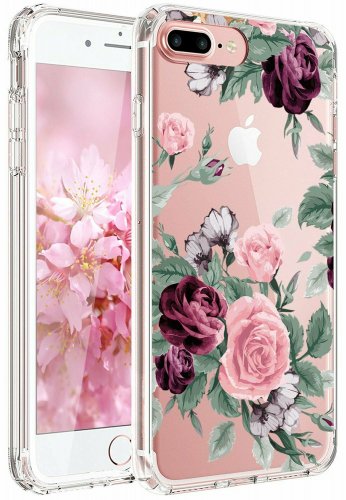 For iPhone 7/8 case Clear Soft Slim Flexible Silicone Design Pink Purple Flower