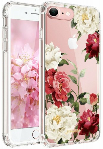 For iPhone 7/8 case Clear Soft Slim Flexible Silicone Design Red White Flower