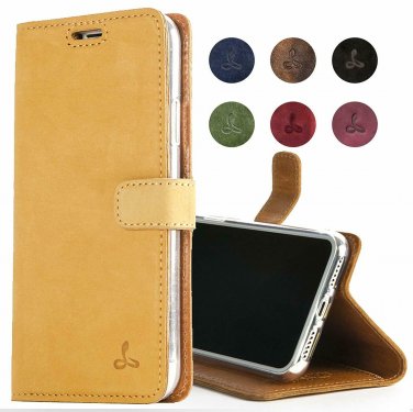 iPhone 7 Case, Snakehive Genuine Leather Wallet with Viewing Stand Honey Gold