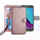 For Galaxy J3 2017 Case Leather Wallet Protective Kickstand Card Slots Rose Gold