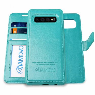 For Samsung Galaxy S10 Plus Case Wallet Detachable Leather Wrist Strap Aqua