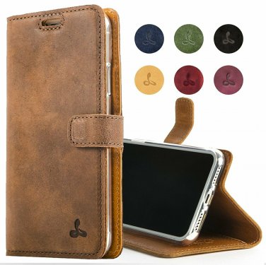 For iPhone Xs Max Case Luxury Genuine Leather Wallet Viewing Card Slots Brown