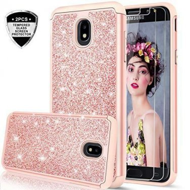 For Samsung Galaxy J7 2018 Case Luxury Glitter Tempered Glass Hybrid Heavy Rose