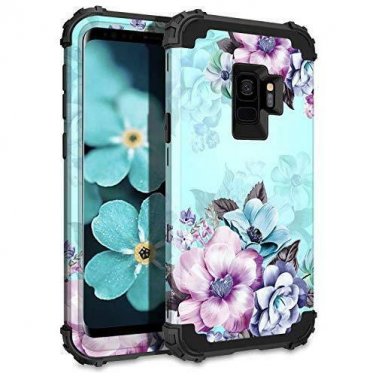 Samsung Galaxy S9 Case Floral Three Layer Heavy Duty Shockproof Blue Flower