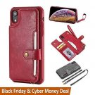 iPhone Xs Max Wallet Case Detachable Neck Strap & Wrist Lanyard PU Leather Wine