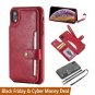 iPhone Xs Max Wallet Case Detachable Neck Strap & Wrist Lanyard PU Leather Wine
