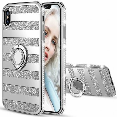 iPhone X/Xs Case Glitter Ring Grip Holder Kickstand Bling Sparkle Diamond Silver