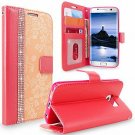 For Galaxy S7 Edge Wallet Case Leather Diamond Jewel Card Slots Peach Pink Bling