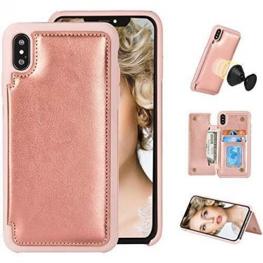 iPhone Xs Max Wallet Case Card Holder Premium Leather Magnetic Closure Rose Gold