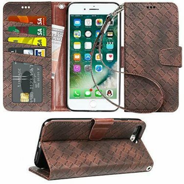 For iPhone 7/8 Plus Case PU Leather Wallet Kickstandand Flip Cover Weave Brown
