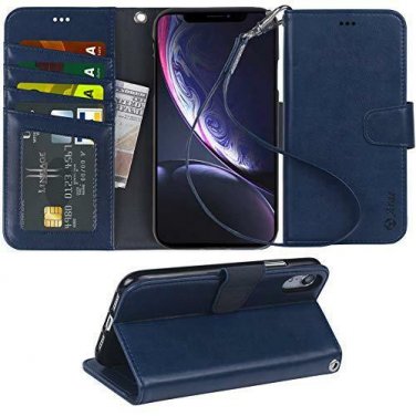 For iPhone Wallet Case PU Leather Wrist Strap 4-Slots Credit Cards Pocket Blue