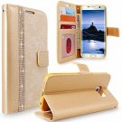 For Galaxy S7 Edge Wallet Case Leather Diamond Jewel Card Slots Golden Bling