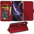 For iPhone Wallet Case Leather Wrist Strap 4-Slots Credit Cards Pocket Wine red
