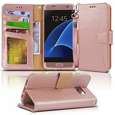 For Samsung Galaxy S7 Edge Case Leather Wallet Wrist Strap Credit Card Rosegold