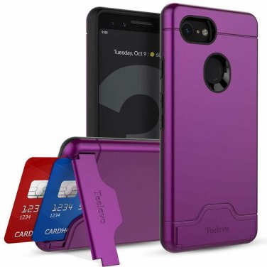 For Google Pixel 3 Case Wallet Dual Layer with Card Slot Holder Kickstand Purple