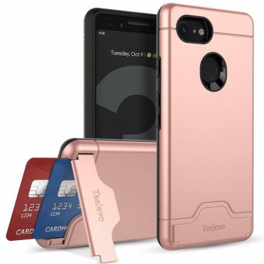 For Google Pixel 3 Case Wallet Dual Layer Card Slot Holder Kickstand Rose Gold