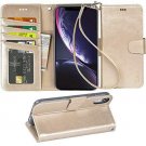 For iPhone Wallet Case PU Leather Wrist Strap 4-Slots Credit Cards Pocket Gold