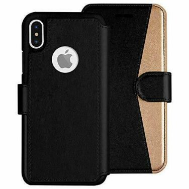 For iPhone X/Xs Wallet case Ultra-Strong Magnetic Closure Faux Leather BlackGold