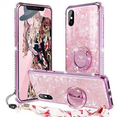 For iPhone Xs Max Case Glitter Tempered Glass Back  Bling Diamond Rhineston Pink