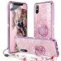For iPhone Xs Max Case Glitter Tempered Glass Back  Bling Diamond Rhineston Pink