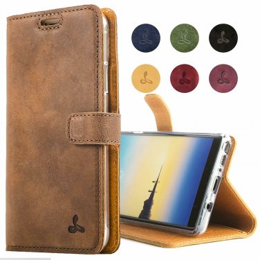 For Samsung Galaxy Note 8 Case Genuine Leather Wallet with Viewing Stand Brown