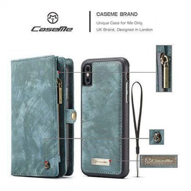 For iPhone X/Xs Case Wallet Leather Holder Magnetic Removable Zipper Blue