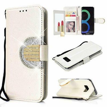 For Samsung Galaxy A8 Case 2018 Glitter Glossy PU Leather Diamond Buckle White