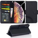 For iPhone Xs Max Case Leather Stand Feature with Wrist Strap Credit Cards Black