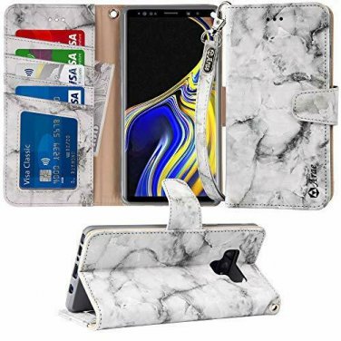 For Galaxy Note 9 Case Leather Wallet Wrist Strap 4Slots ID&Credit Card Marble