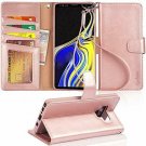 For Galaxy Note 9 Case Leather Wallet Wrist Strap 4Slots ID&Credit Card Rose