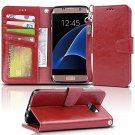 For Samsung Galaxy S7 Edge Case PU Leather Wallet Wrist Strap Credit Card red