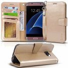 For Samsung Galaxy S7 Edge Case PU Leather Wallet Wrist Strap Credit Card Gold