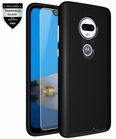 For Moto G7 Case with 9H Tempered Glass Screen Protector Dual Layer Black